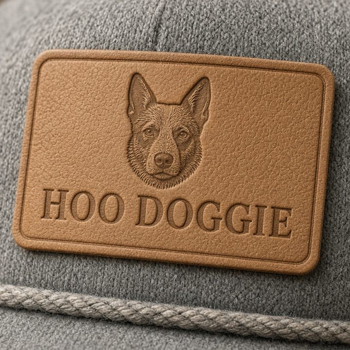 Grey rope hat with a debossed leather Hoo Doggie patch