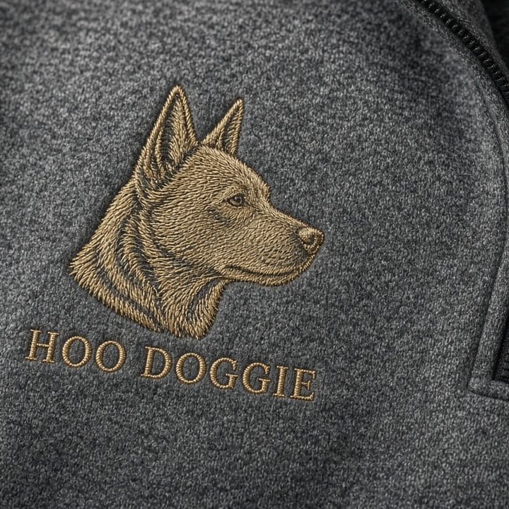 Charcoal quarter-zip with a gold embroidered heeler crest