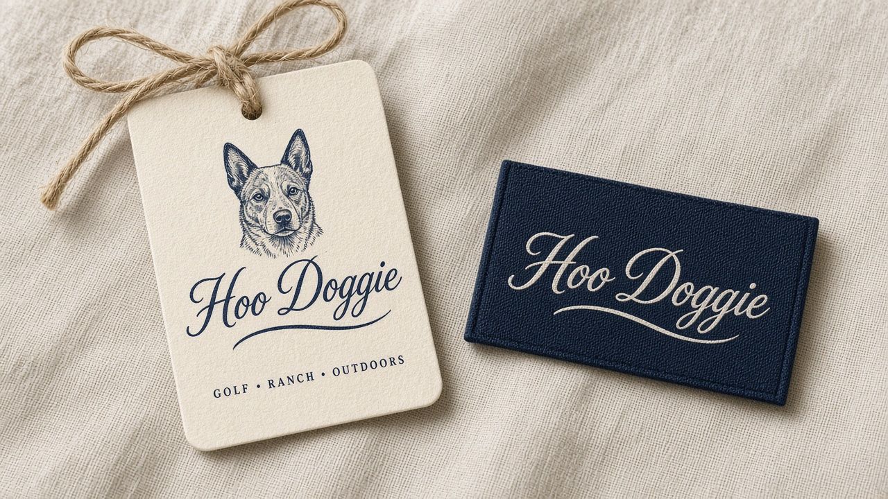 Hoo Doggie hang tag and woven neck label