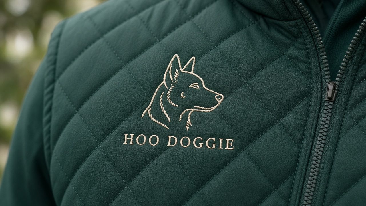 Forest green quilted vest with the Hoo Doggie heeler crest
